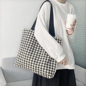 Houndstooth Pattern Women Canvas Shopping Bags Retro Large Shoulder Bag
