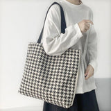 Houndstooth Pattern Women Canvas Shopping Bags Retro Large Shoulder Bag