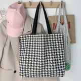 Houndstooth Pattern Women Canvas Shopping Bags Retro Large Shoulder Bag