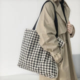 Houndstooth Print Canvas Tote Shoulder Bag Large Capacity Handbag