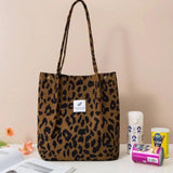 Leopard Pattern Shoulder Bag Corduroy Women Shopping Tote Handbags