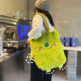 Winter Soft Plush Shoulder Bag Women Little Monster Embroidery Handbags