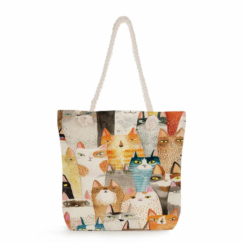 Cartoon Floral Cat Print Reusable Tote Bag for Women