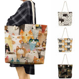 Cartoon Floral Cat Print Reusable Tote Bag for Women