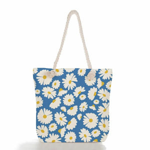Floral Print Linen Tote Bag Plant Shoulder Eco Shopping Beach Bag