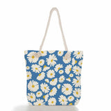 Floral Print Linen Tote Bag Plant Shoulder Eco Shopping Beach Bag