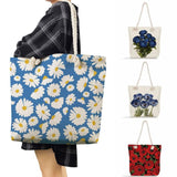 Floral Print Linen Tote Bag Plant Shoulder Eco Shopping Beach Bag