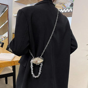 Crystal Chain Mini Neck Bag Silver Shell Single Shoulder Bag