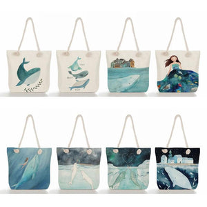 Girl Whale Sea Series Printed Handbags Linen Totes Shoulder Bag