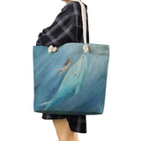 Girl Whale Sea Series Printed Handbags Linen Totes Shoulder Bag