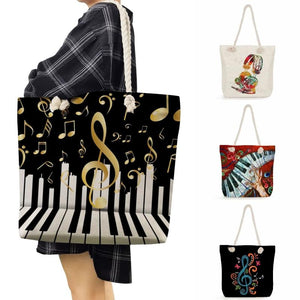 Music Note Print Tote Bag Travel Graphic High Capacity Shoulder Handbag