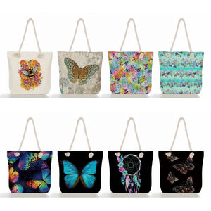 Eco Large Tote Bag Cartoon Rope Handbags Butterfly Print Women's Beach Bag