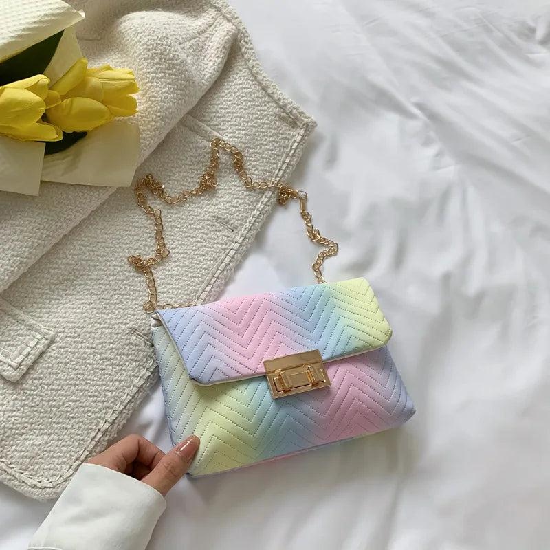 Rainbow Chains Shoulder Bag Women PU Leather Crossbody Handbag Purse Tote