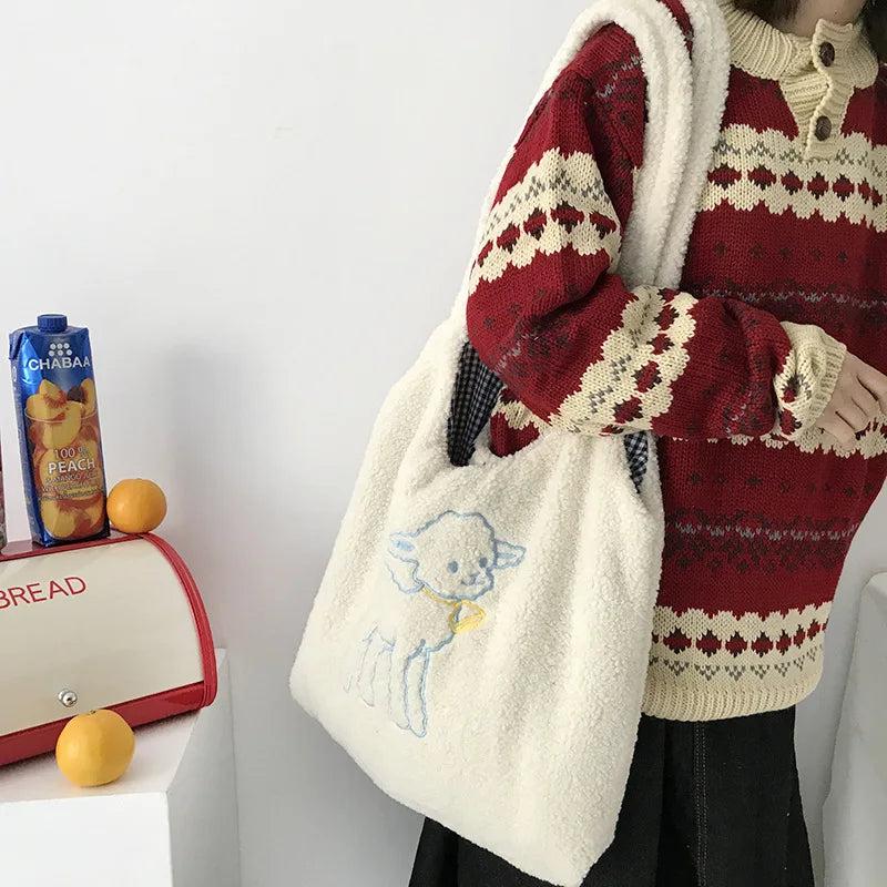 Embroidery Canvas Shoulder Bag Large Capacity Shopping Tote