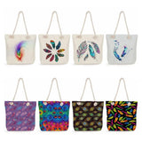 Feather Print Rope Beach Tote Bag, Eco Reusable Handbag for Women