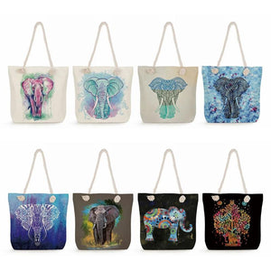 Elephant Tote Bags Animal Printing Handbags Thick Rope Shopping Bags