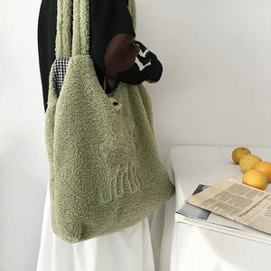 Women Lamb Fabric Shoulder Bag Handbag Tote Large Capacity Embroidery Shopping B