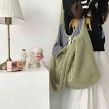 Women Lamb Fabric Shoulder Bag Handbag Tote Large Capacity Embroidery Shopping B