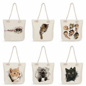 Cat Print Women Shopping Bag Eco Reusable Handbags