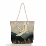 Japanese Ukiyoe Crane Beach Tote Bag Linen Women Handbags