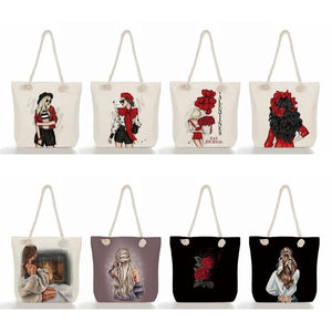 Cartoon Coffee Girl Print Handbag Thick Rope Shoulder Bag