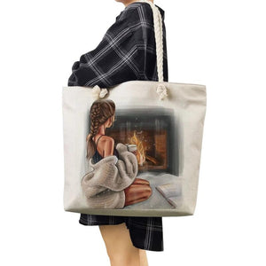 Cartoon Coffee Girl Print Handbag Thick Rope Shoulder Bag