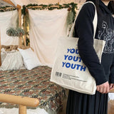 YOUTH Letters Print Women Canvas Shopping Bag Cotton Cloth Shoulder Bag