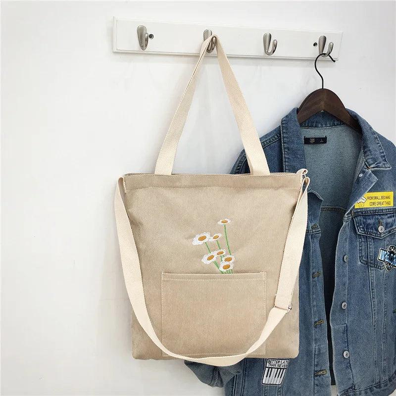 Women Corduroy Shoulder Bag Ladies Bag Foldable Shopping Bags Embroidery