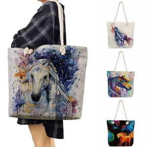 Watercolor Horse Print Shopping Bag Portable Tote Handbags for Women