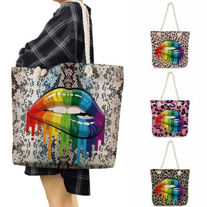 Leopard Rainbow Lips Printed Tote Bag Female Polyester Handbags For Women