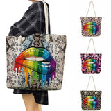 Leopard Rainbow Lips Printed Tote Bag Female Polyester Handbags For Women