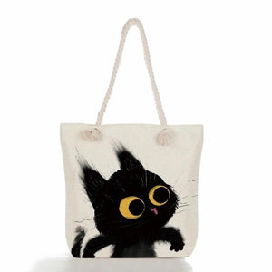 Cat Print Handbags Linen Thick Rope Women Tote Bag High Capacity
