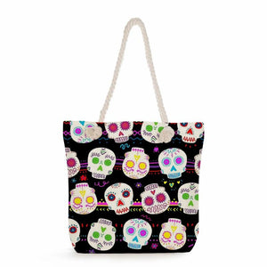 Floral Skull Print Handbag Eco Reusable Shopping Bag Large Capacity