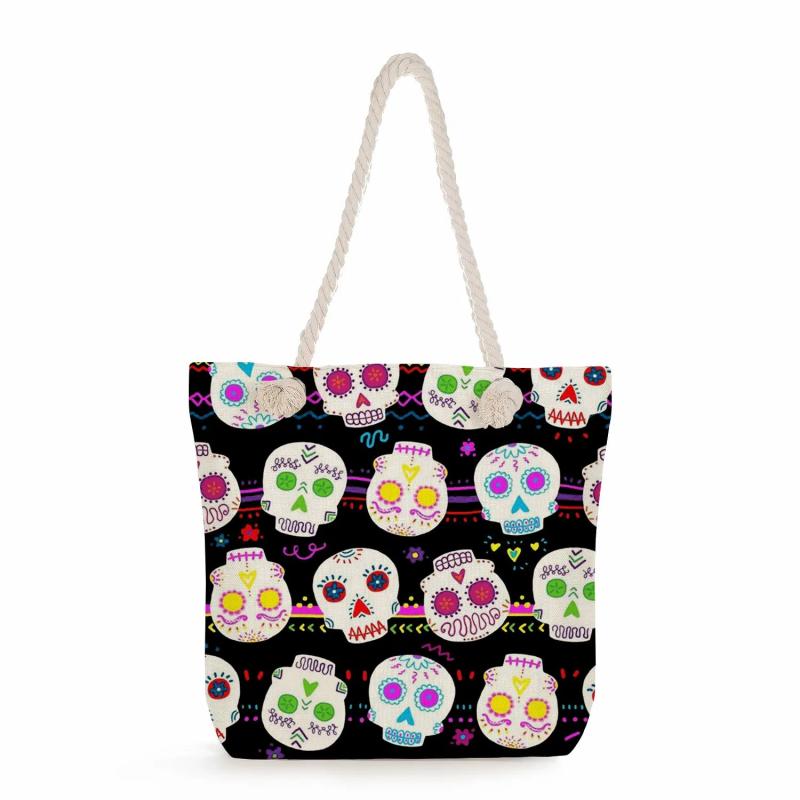 Floral Skull Print Handbag Eco Reusable Shopping Bag Large Capacity