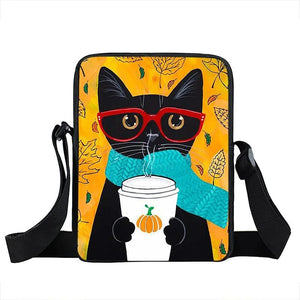 Coffee Cat Messenger Bag Animal Print Girls Bookbag Crossbody Handbag