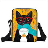 Coffee Cat Messenger Bag Animal Print Girls Bookbag Crossbody Handbag