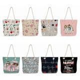 Linen Large Travel Beach Bag Eco Tote Nurse Print Shoulder Bags