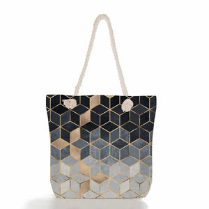 Geometry Print Women Linen Handbag High Capacity Tote Bag