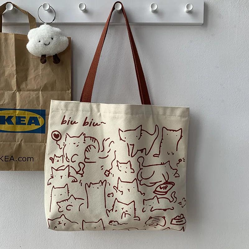 Animal Hand-painted Illustration Shoulder Bag Retro Canvas Shopping Bags