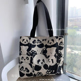 Panda Printing Canvas Women's Shoulder Bag Large Capacity Zipper Shopping Bag