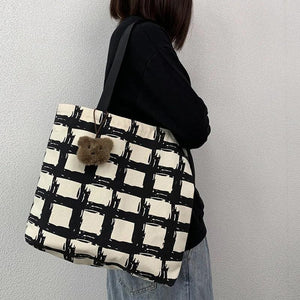 Women's Shoulder Bag Check Zipper Shopper Bag