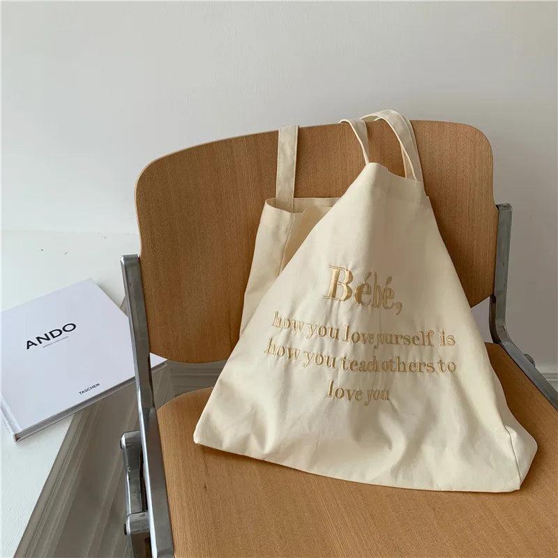 Large Capacity Letter Embroidered Canvas Bag, All-Match Shoulder Bag