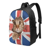 Britain Cat England Flag 3D Funny Animal Travel Laptop Backpack with USB Port