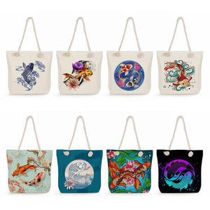 Koi Carp Print Shoulder Bags Fish Graphic Tote Bags