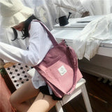 ELVASEK Canvas Shoulder Bag Women Casual Corduroy Soft Handbag Striped Cloth