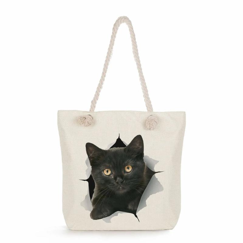 Fabric Shoulder Bag Grocery Tote Bags Cartoon Cat Print Women Shopping Bag