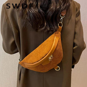 Vintage Corduroy Chest Purses Zipper Crossbody Bag