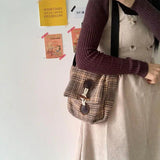 Winter Woolen Shoulder Bags Women Plaid Vintage Horn Button Envelope Bag