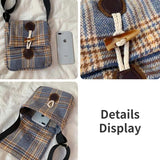 Winter Woolen Shoulder Bags Women Plaid Vintage Horn Button Envelope Bag