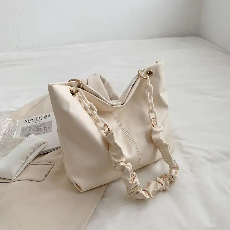 Pleated PU Leather Shoulder Bag Large Capacity Chain Handbag Underarm Texture OL